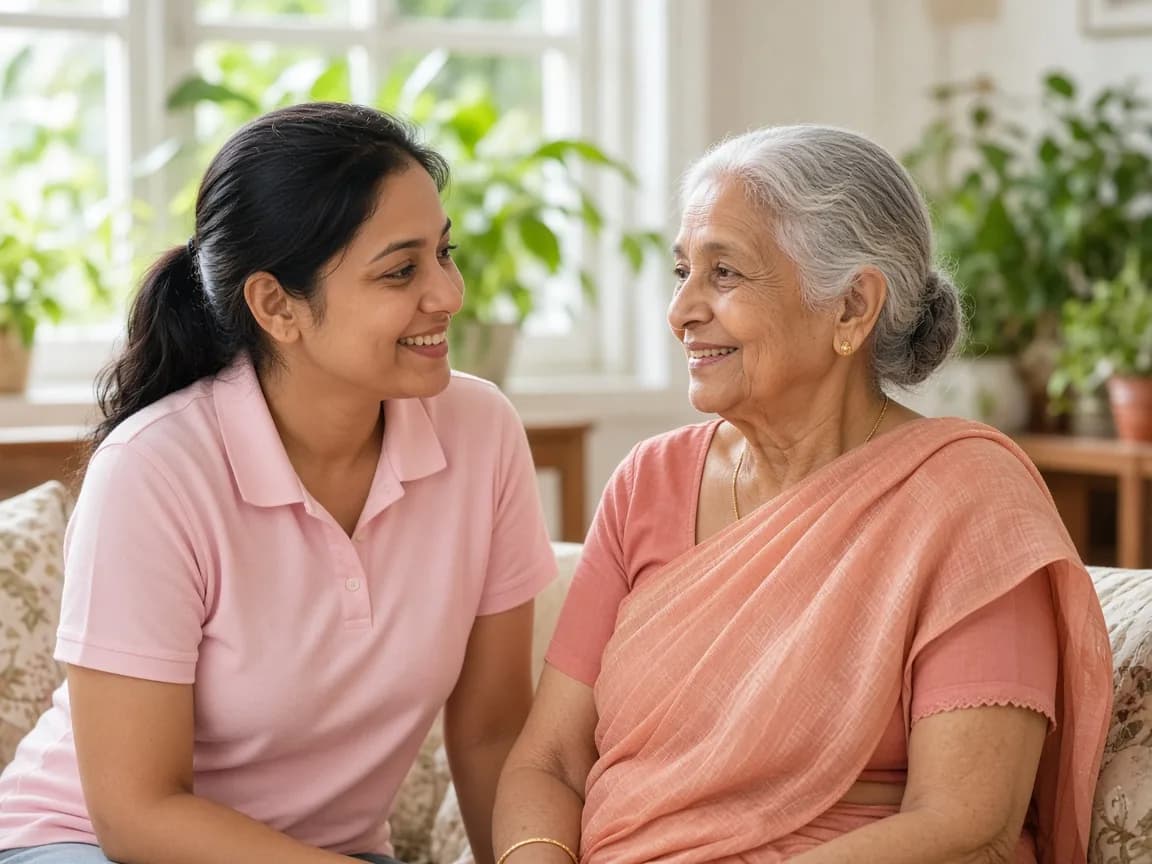 A caregiver sitting with an older woman at home