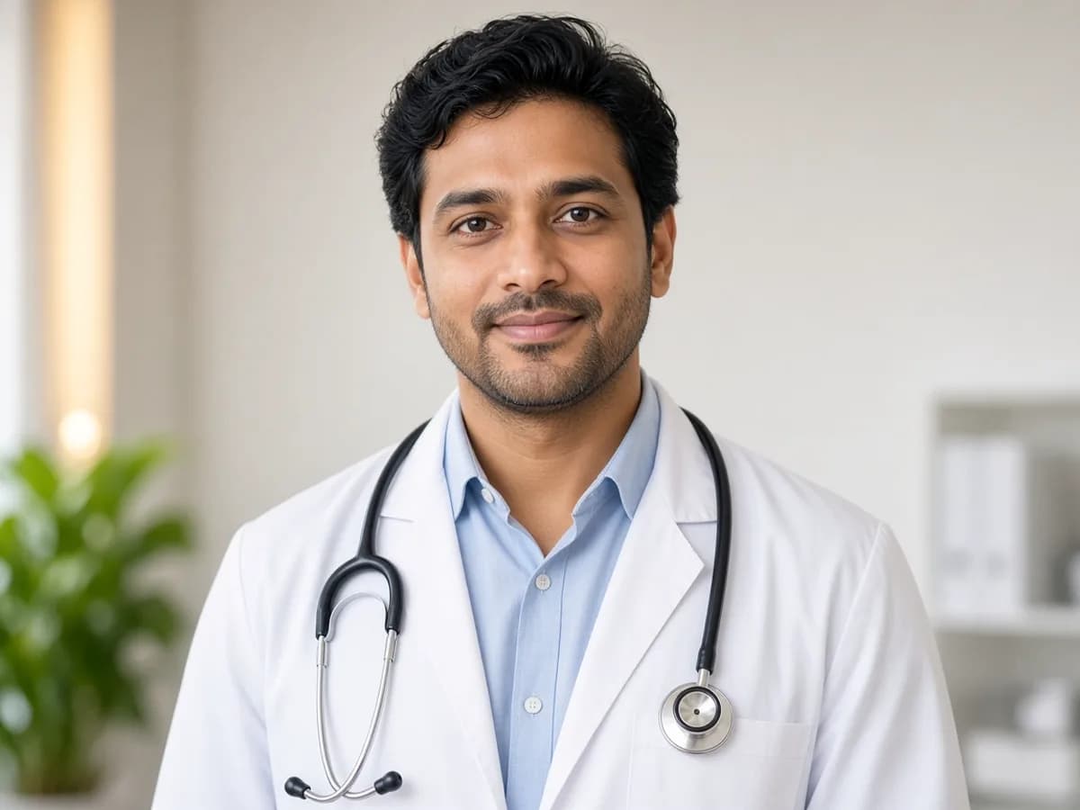 A clinician in a white coat with a stethoscope. No name or credentials are shown.