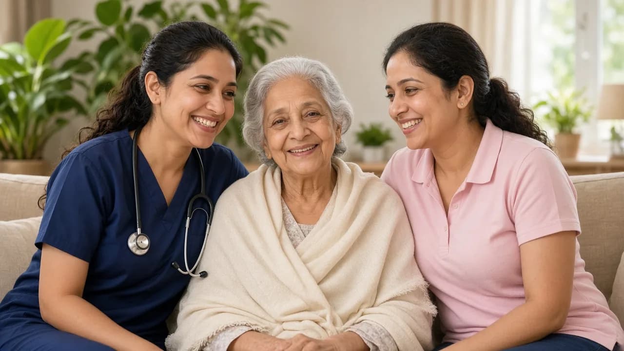 A nurse and a caregiver sitting with an older woman