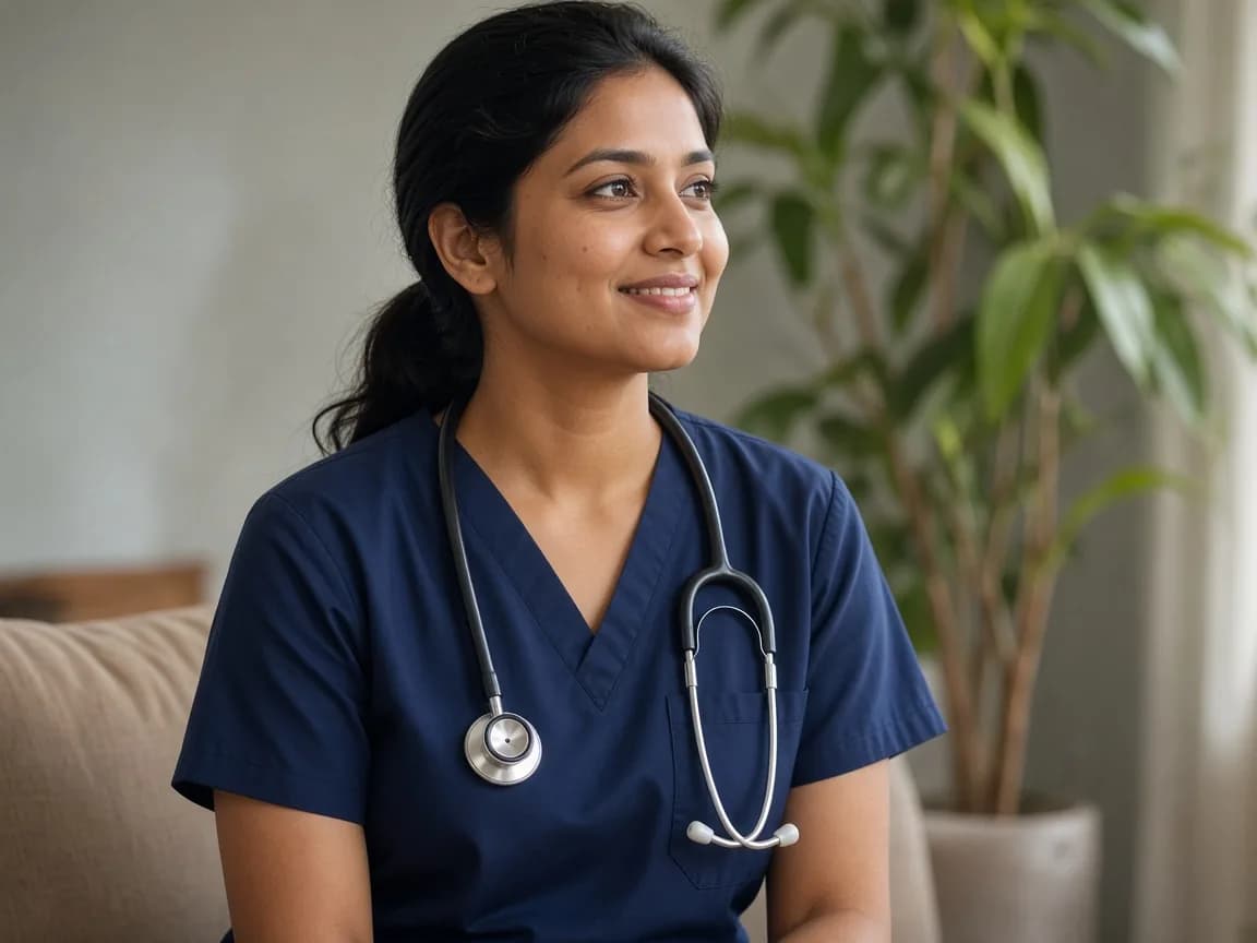 A nurse in navy scrubs, seated and smiling