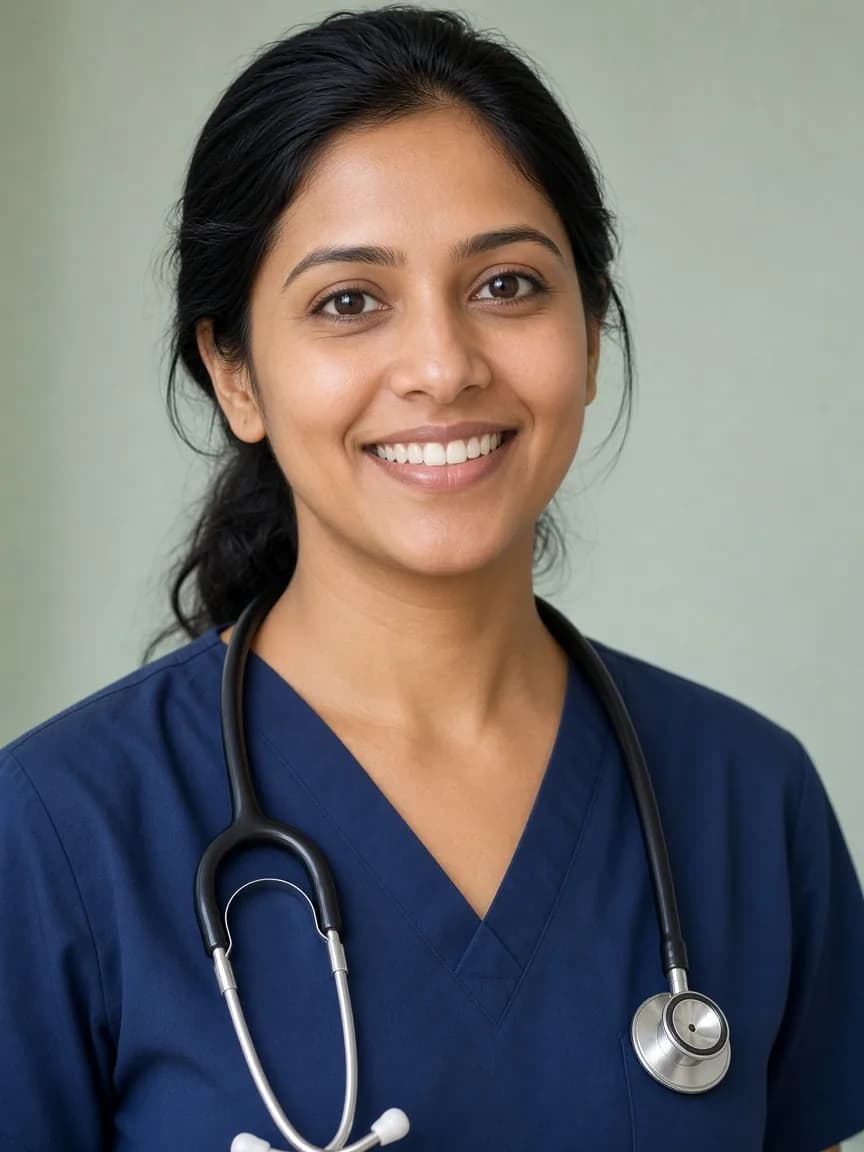 A nurse smiling, wearing navy scrubs and a stethoscope